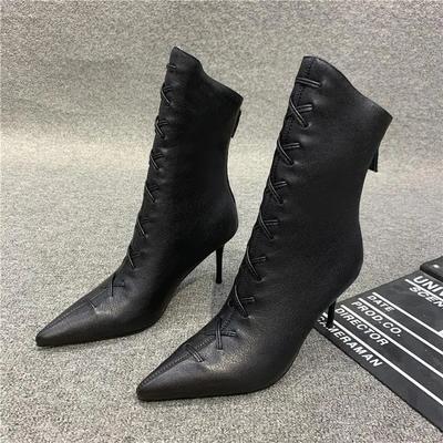 Botas de Tacón Mujer Invierno 2025 Coreanas Novedad Zapatos de Mujer Punta Afilada Botines Elegantes de Cuero Cómodos Negros Otoño Tacones Altos