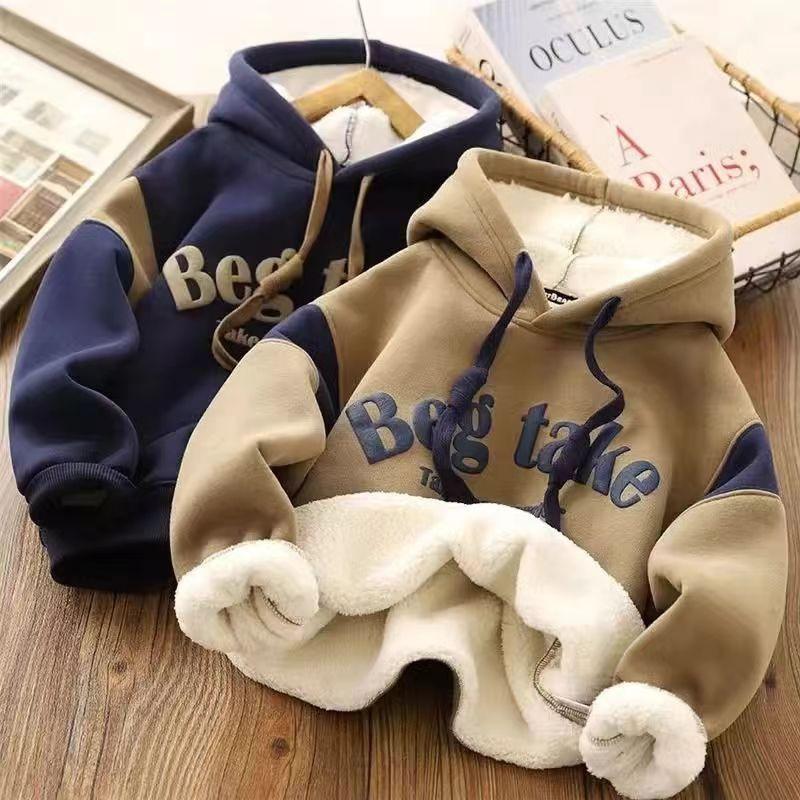 Boys' Winter Clothes Velvet Thick Hooded Sweater Big Children's Stitching Long-Sleeved Top