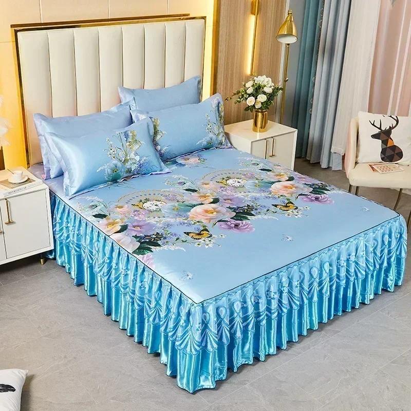 Korean Version Lace Solid Color Bed Skirt Three Piece Set, Skin Friendly Double-layer Bed Cover Non Slip Bed Cover Falda De Cama