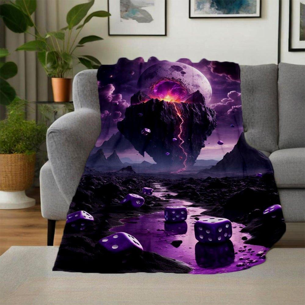 Purple Dice Fantasy Landscape Wall Art PrintBlanket Flannel Throw Blanket for Sofa, Bed, Travel, Camping, Office