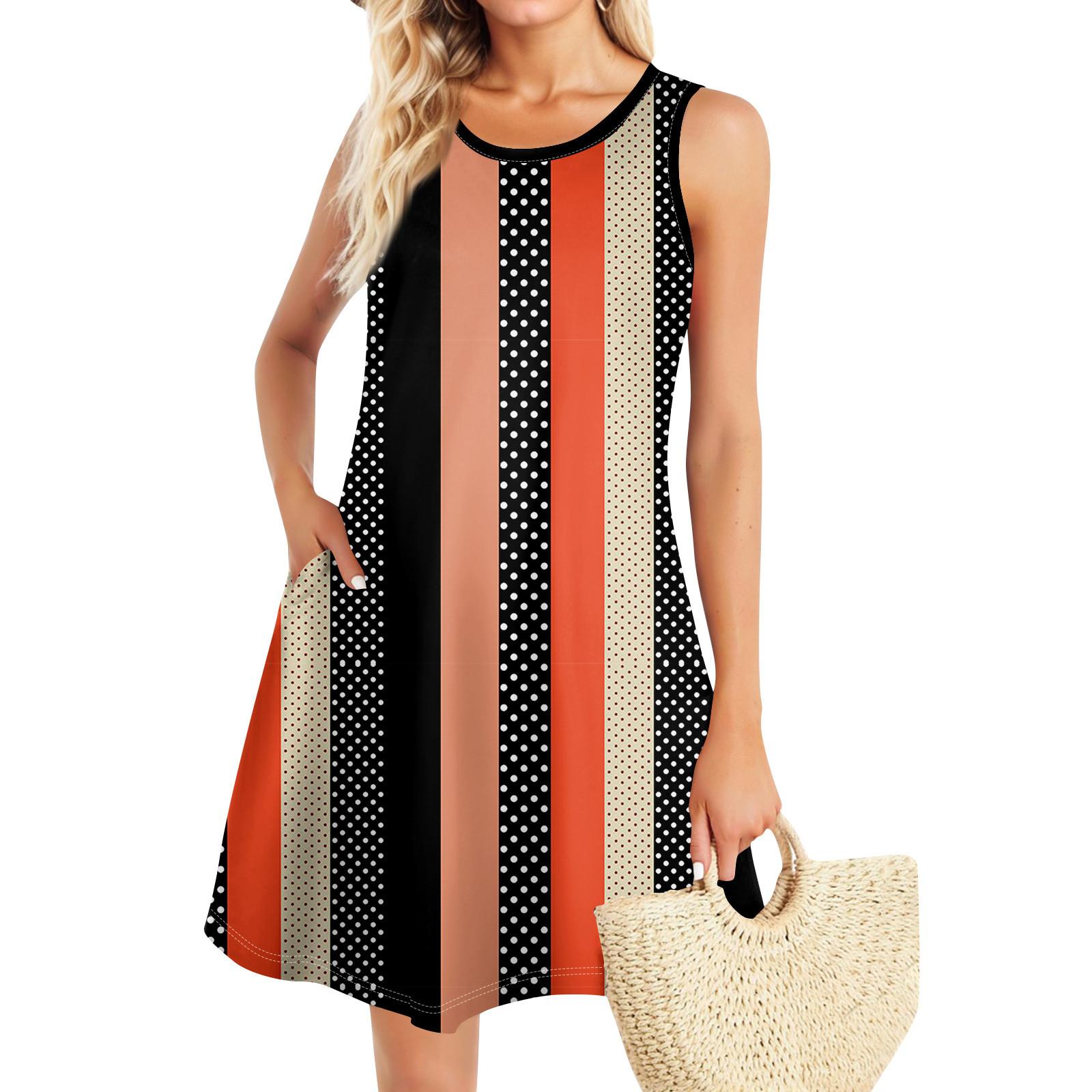 

Летние платья для женщин Пляжный Бохо без рукавов Винтажный принт Футболка с карманами Сарафаны-майки XL арбуз красный