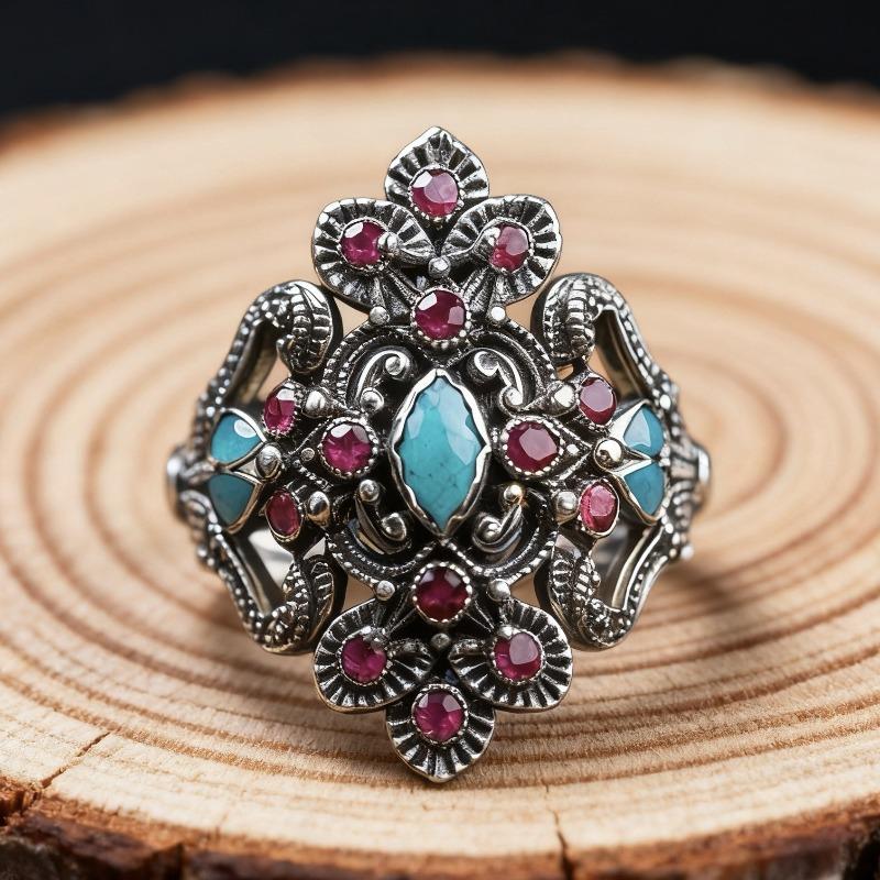 2026 New Environmentally Friendly Alloy Retro Dripping Women's Ring, Floral Shape Rose Red Diamond European and American Jewelry