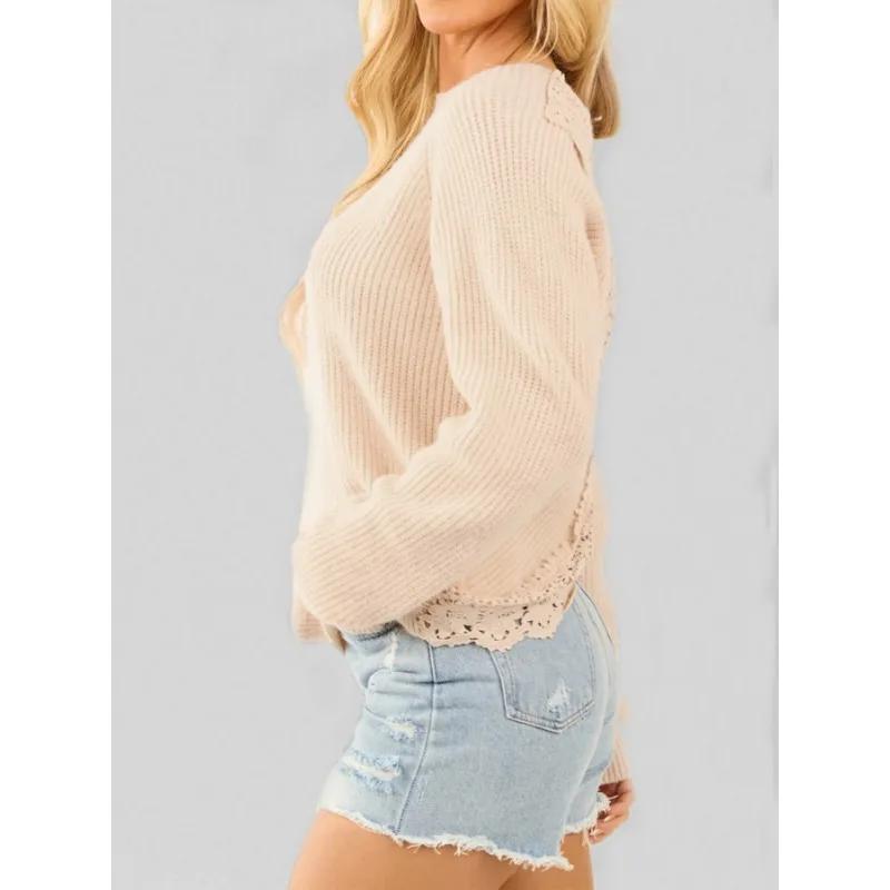 Lace Spliced Long-sleeved Sweater Top Autumn and Winter Women's Elegant Sexy Backless