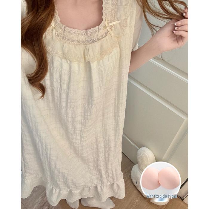 2026 Summer Women's Nightgown: Cloud Cotton, Bra Pads, Short Sleeve, Lace Trim Long Dress