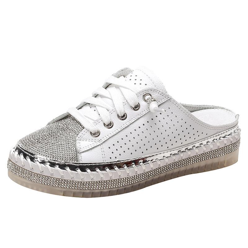 

Fashion Women Shiny Rhinestones Slippers Women Stylish Lace-Up Shoes Fashion Size40 Korean Comfortable Flat Shoes Casual Slippers Ladies 35 белый