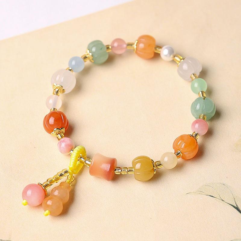 

Gold Silk Jade Pumpkin Bracelet for Women, Multi-Bead Pumpkin Buddha Bead Bracelet, Single Strand, Gift for Peace, Health, and Good Luck No Specifications