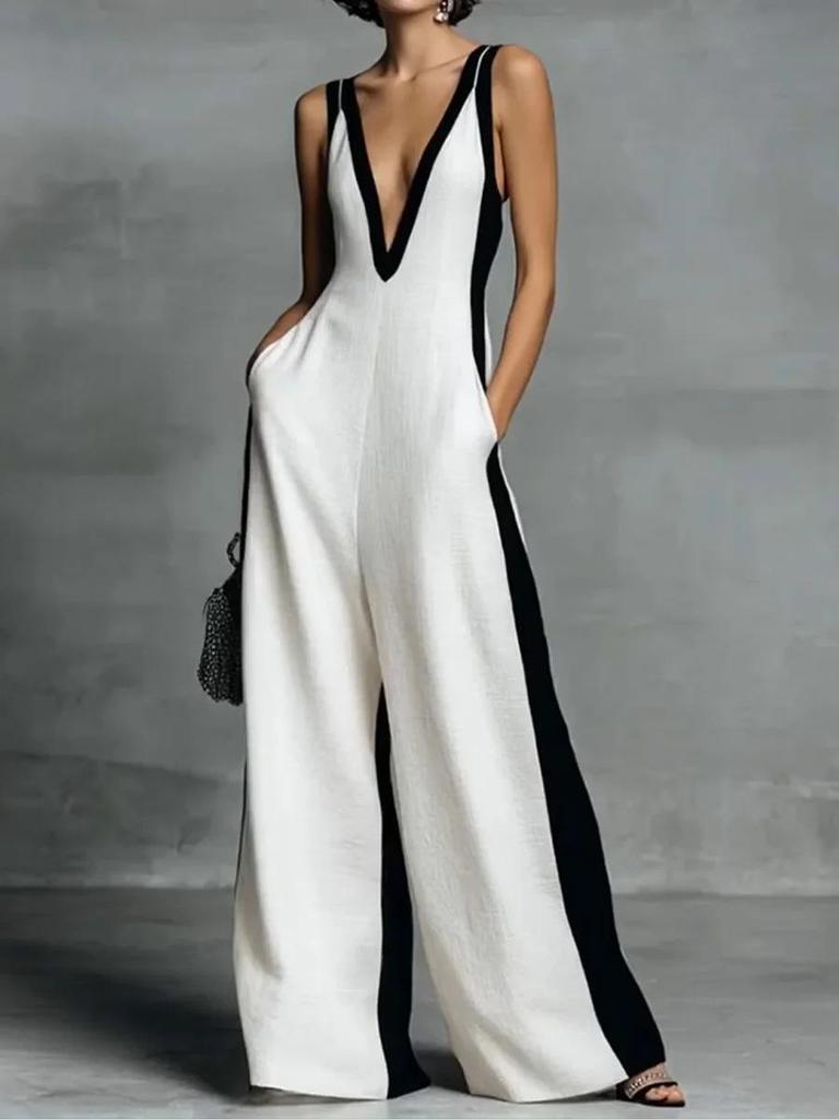 2026 Summer Women's V-neck Sleeveless Color Block Strappy Wide-leg Jumpsuit