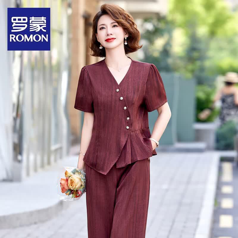 

ROMON Women s New Chinese Style Summer Short Sleeve Two-Piece Set 2XL