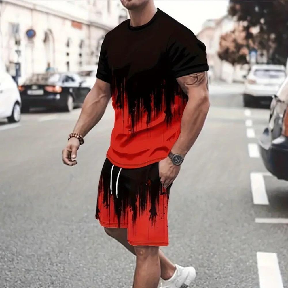 Men's Summer Sports Plus Size 2-piece Set Striped Design Loose Breathable Fashionable Colorful 3D Print Sports Wear