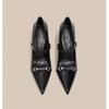 2025 Black Temperament One-word with Stiletto High Heels Women's Niche Design Metal Buckle Pointed Head Shallow Mouth Single Shoes Women