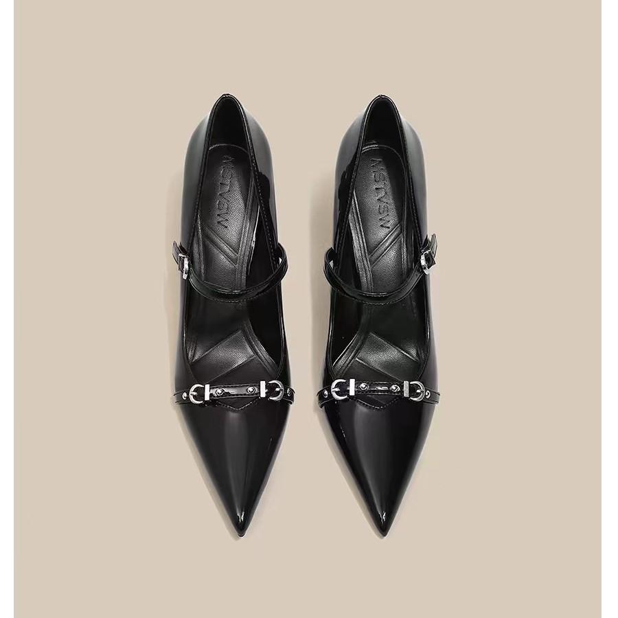 2025 Black Temperament One-word with Stiletto High Heels Women's Niche Design Metal Buckle Pointed Head Shallow Mouth Single Shoes Women