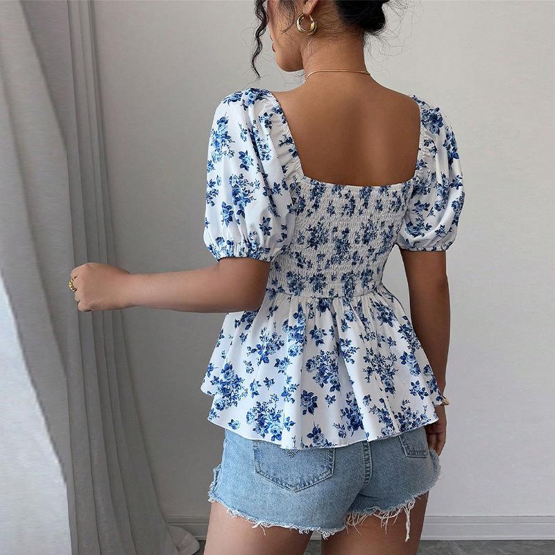 Women Tops Sexy Blouse Square Collar short Sleeve Floral print Shirt Puff Sleeve Ruffle Tunic Crop Top Summer pullover Tube Top