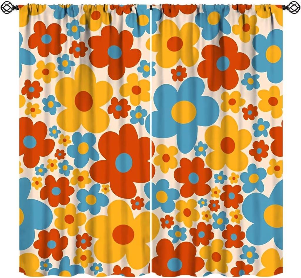 Pink Orange Flower Curtains Girls Bedroom Retro Hippie Groovy Daisy Floral Print Window Treatments Kids Curtain Polyester Ideal For