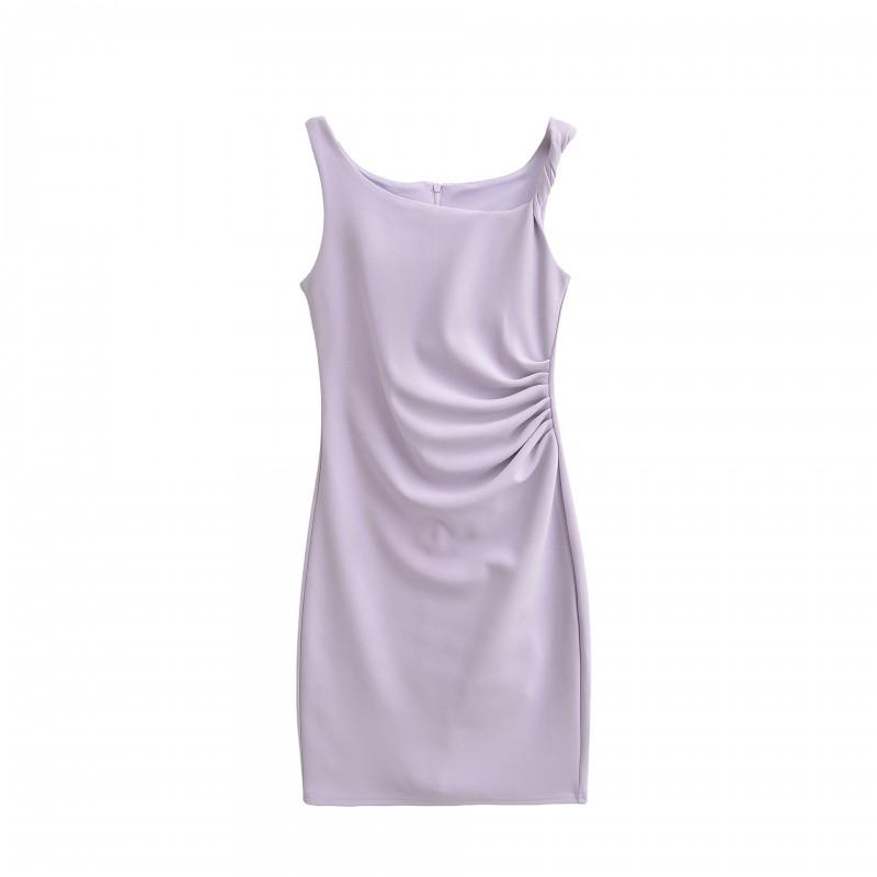 Womens French Style Slim Fit Midi Dress Solid Color Pleated Waist Fitted Elegant Party Wear