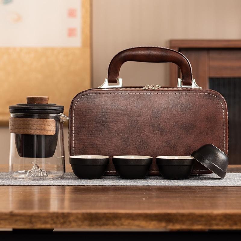 Hand-painted distant mountain travel tea set, high-end outdoor portable Kung Fu tea set, tea cup light luxury gift box set, commemorative gift.