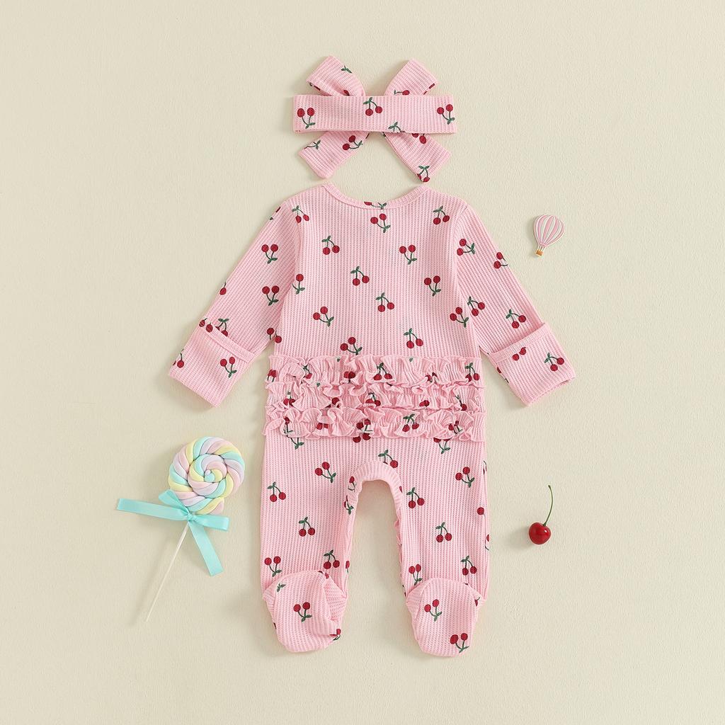 Citgeett Autumn Newborn Baby Girl Fall Romper Print Long Sleeve Zipper Ruffled Footed Jumpsuit Headband Clothes