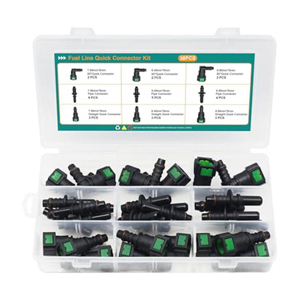 Fuel Line Repair Kit 30PCS with SAE 7.89mm 9.49mm 9.89mm Quick Connect Fittings for 8mm Inner Diameter Nylon Hose