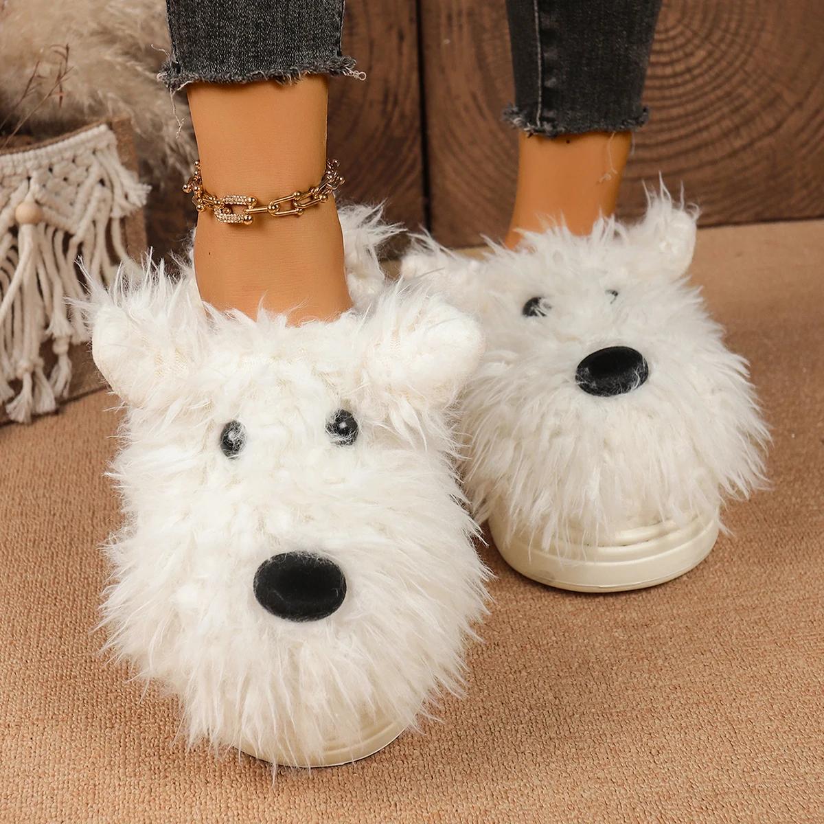 

Cartoon Puppy Fluffy Fur Indoor Slippers Women Winter Thick Bottom Furry Mules Slippers Warm Plush Home Slides for Womon 36-37
