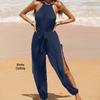 European and American Women's Sleeveless Beach Cover-up: Solid Color Versatile Tie-up Bodysuit with Side Slit for Slimming Sun Protection