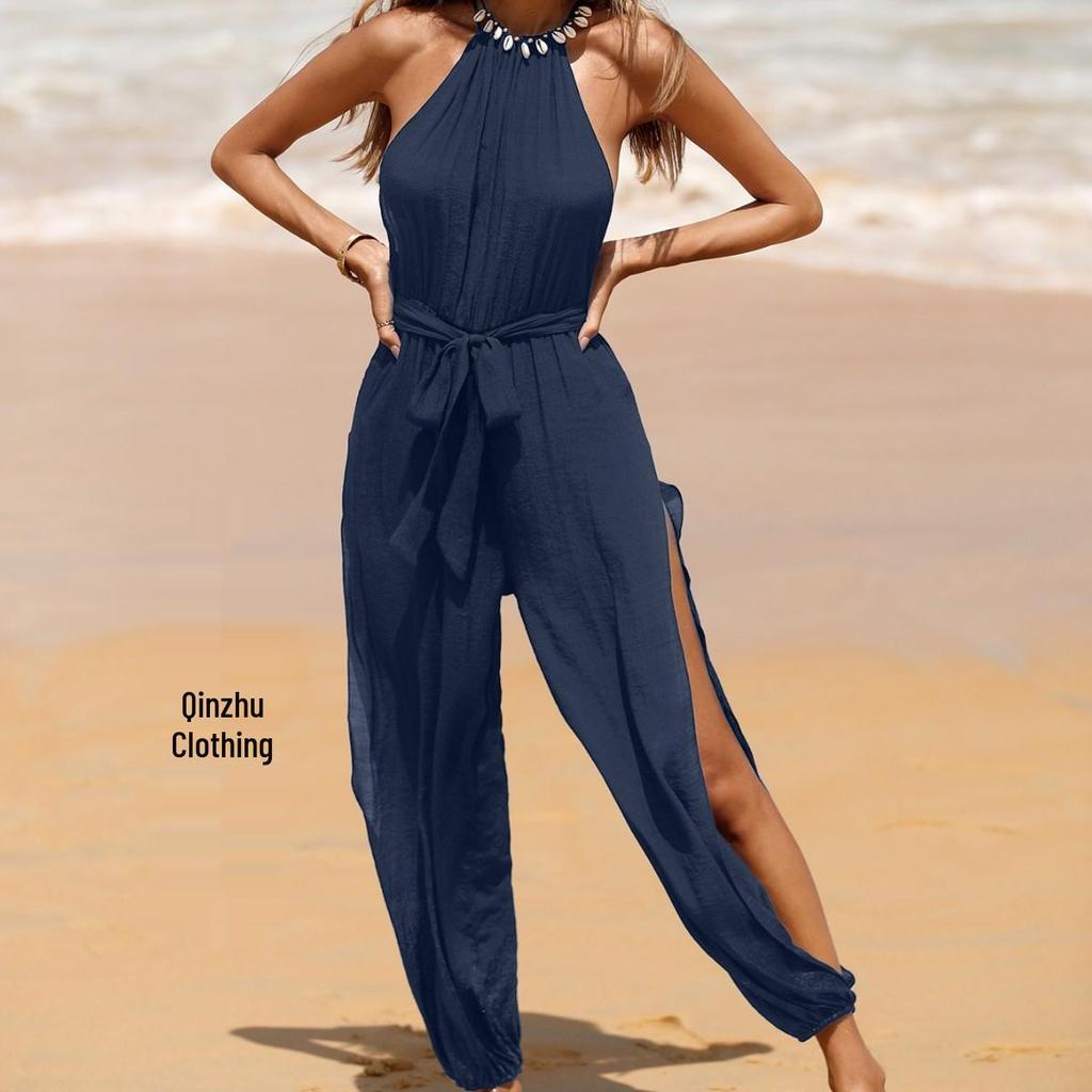 European and American Women's Sleeveless Beach Cover-up: Solid Color Versatile Tie-up Bodysuit with Side Slit for Slimming Sun Protection