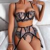 Sexy Lingerie Sets Garter Belt for Women Floral Embroidery Sexy Underwear Erotic Intimates See Through Bra Panty Suit Lace