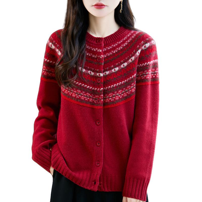 Women's Fair Isle Wool Cardigan - Short, Round Neck, Loose Fit, Korean Style Cashmere Knit for Autumn & Winter