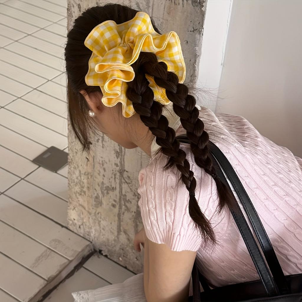 1pc Cute Sweet Yellow Gingham Double-Layer Scrunchie Hair Tie - Large Elastic Hair Accessory for Women, Ponytail Braid Bun Updo, Cute Hair Accessories