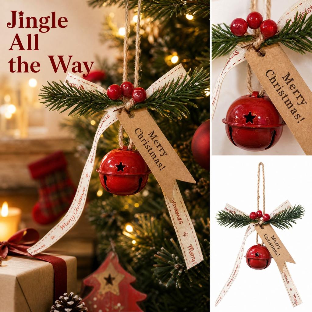 Christmas Hanging Ornaments with Ribbon and Bells for Christmas Tree Window Decor, Holiday Pendant Accessories