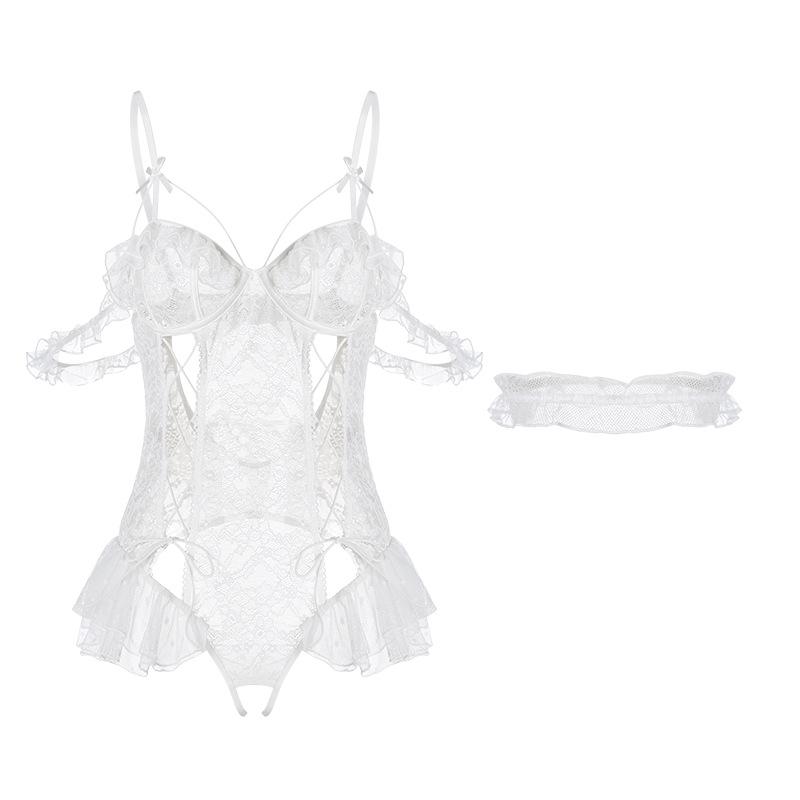 Women’s Sheer Mesh Lace Bodysuit Sexy Open-Crotch Backless Lingerie with Collar Strap