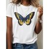 European Size European Size Women's White Bohemian Short Sleeve T-Shirt with Blue & Yellow Butterfly & Floral Sublimation Print