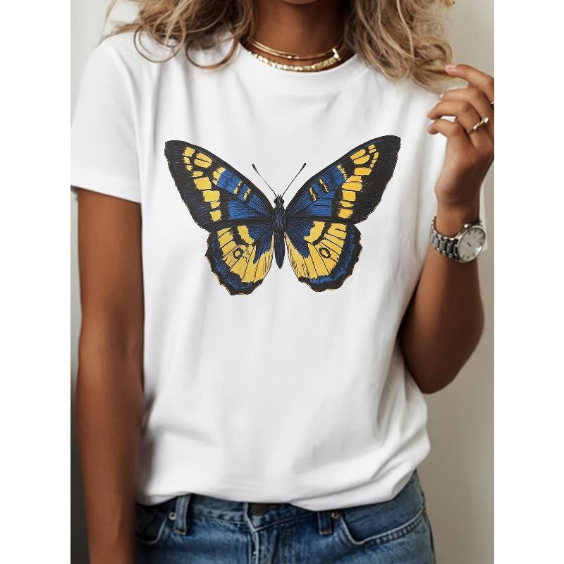 Европейский размер Европейский размер Женская белая богемная футболка с коротким рукавом с сине-желтой бабочкой и цветочным сублимационным принтом S