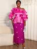 Plus Size Hot Pink Satin Ruffle One-Shoulder Top with Sequin Bodycon Skirt Two-Piece Party Set