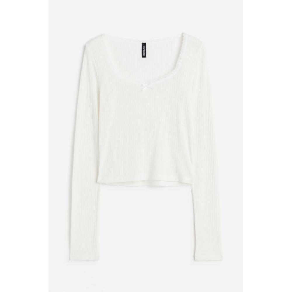 

Топ в рубчик с кружевной отделкой HM кремового цвета