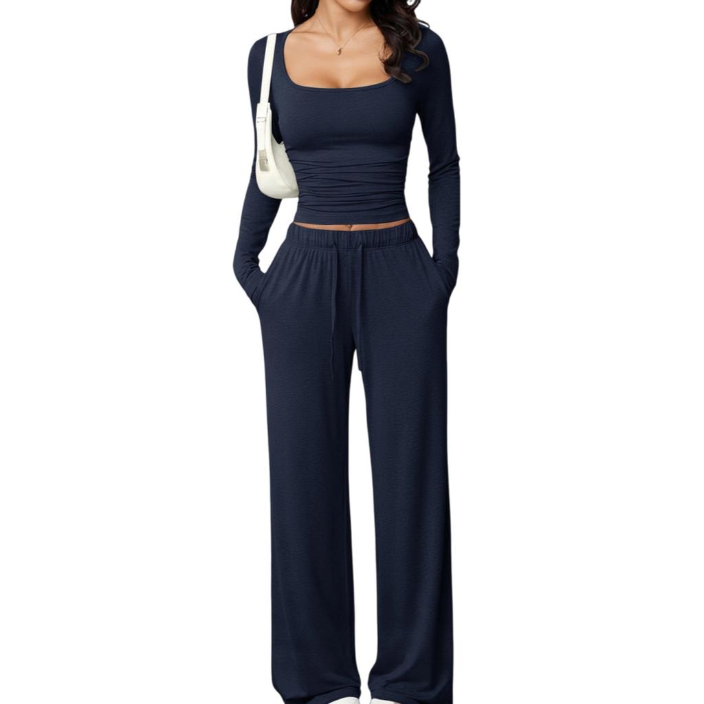 Autumn Casual Long Pants Set Square Neck Long Sleeve Short Top Women Sportswear