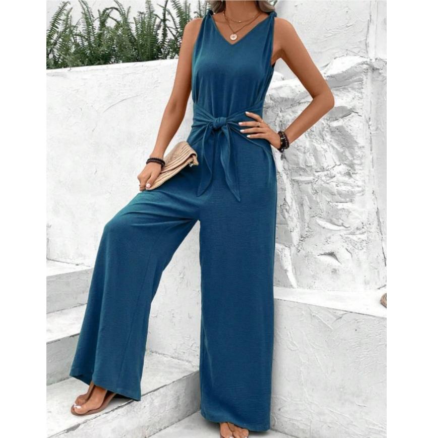 Fashion Solid Jumpsuit For Women Casual Sleeveless V Neck Lace-Up Wide Leg Pants Jumpsuits Lady Summer Holiday Womens Clothing