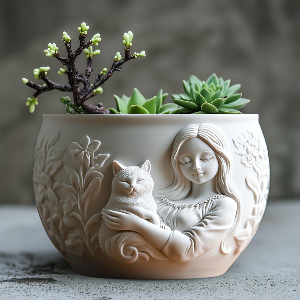 Goddess holding cat relief succulent plant flowerpot resin silicone mold girl and cat relief storage box candle cup gypsum molds