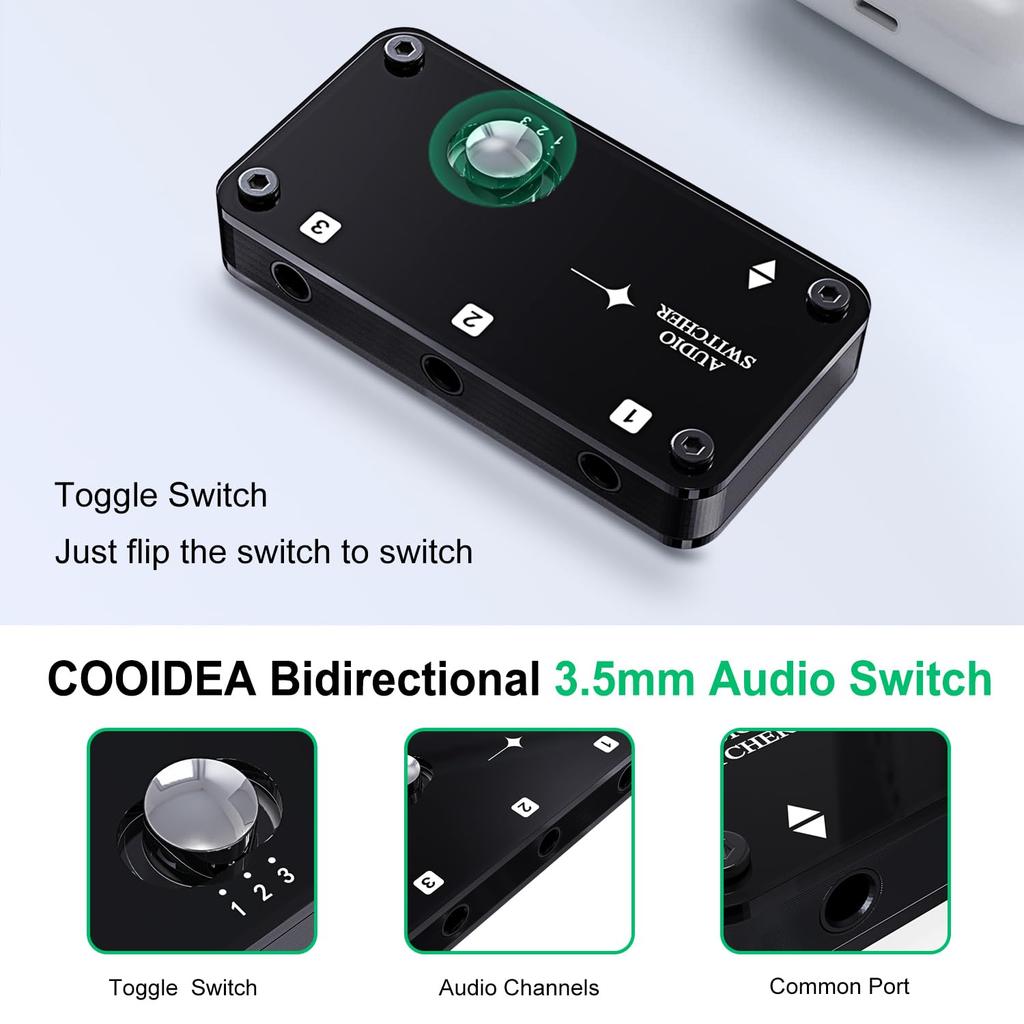 De COOIDEA Stereo Audio Switcher ondersteunt audiokabels en is een AUX audiokanaalwisselaar die 1 tot 3 uitgangen of 3 tot 1 compatibel is met en 3,5 mm 3,5 mm