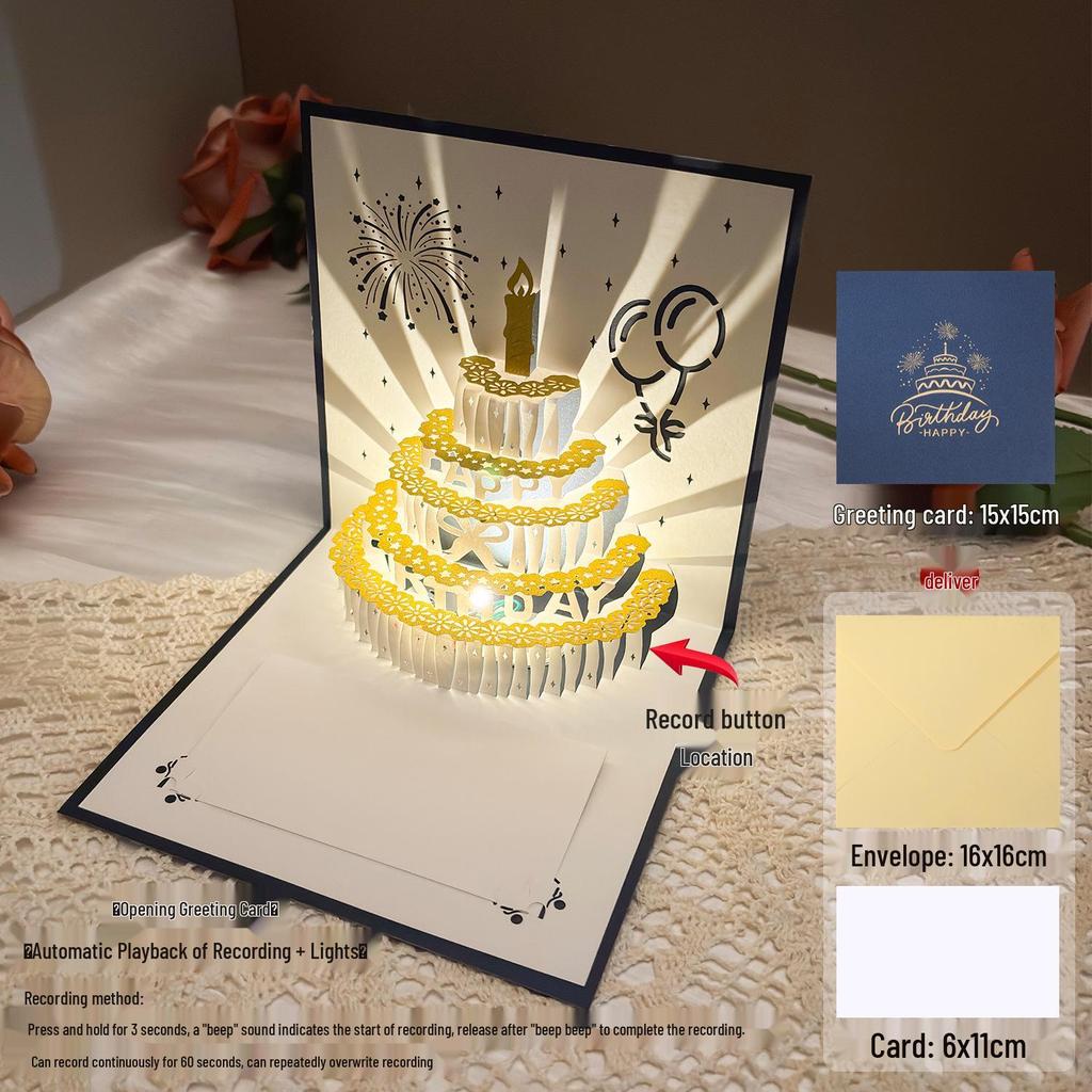 Dźwiękowa kartka urodzinowa 3D Pop-Up ze światłem do nagrywania - Wzór tortu na prezent dla chłopaka/dziewczyny