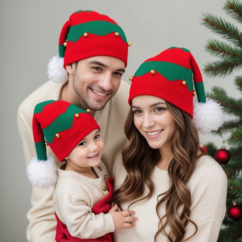 Christmas Parent-Child Knitted Hat with Bell and Pompom Decoration - Warm Holiday Wool Hat