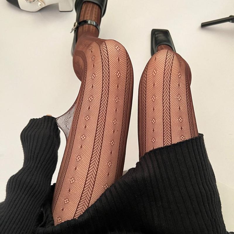 Women Vintage Striped Flower Patterned Fishnet Tights Stockings Japanese Style Colored Fine Mesh Thin Pantyhose Leggings
