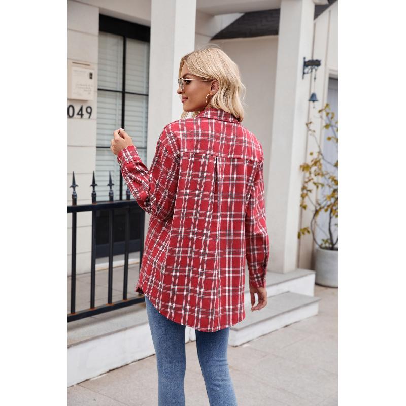 Spring and Autumn Women's New Casual Fashion Loose Plaid Pocket Shirt Jacket