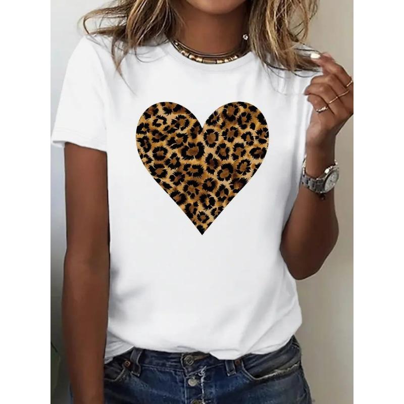 

European Size Women s White Leopard Print Heart T-Shirt - Soft Breathable Short Sleeve Crew Neck Top with Black & Tan Animal Print 4XL білий