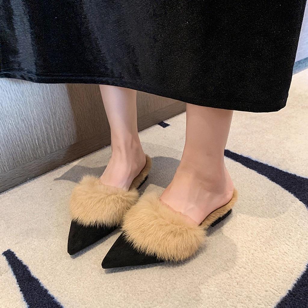 Wearing a pedal Internet celebrity temperament Baotou half-tow thick heel pointed head plush cotton slippers female winter