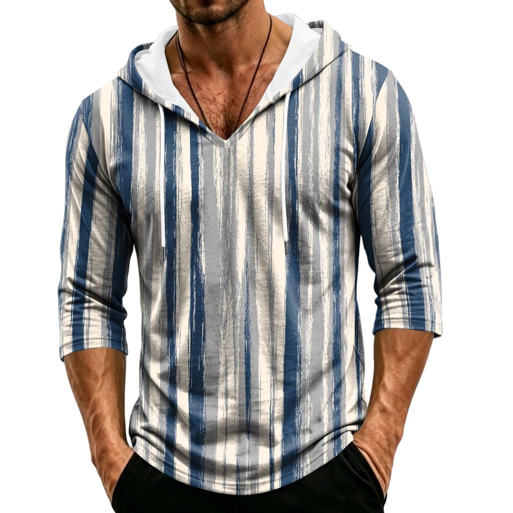 Men's Loose Fit Casual Hoodie Camouflage Pattern Three Quarter Sleeve Pullover Lightweight Breathable Hooded Shirt for Outdoor Activities