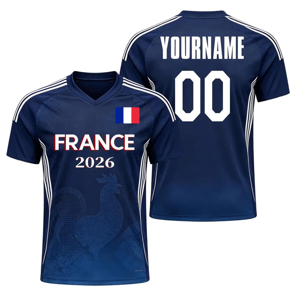 2026 Maglia da Calcio con Stampa Bandiera Francese Nome Numero Personalizzato Tessuto ad Asciugatura Rapida Magliette Sportive Per Tifosi di Calcio Uniforme da Allenamento Dropshipping