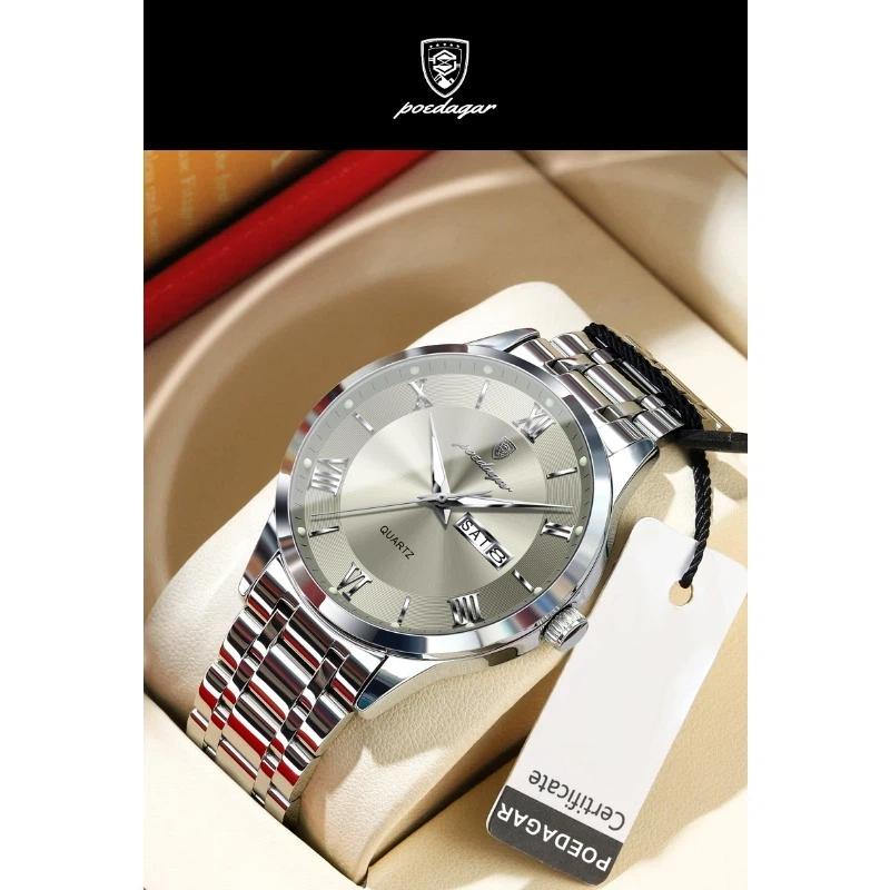 POEDAGAR Luxury Fashion Men Clock Waterproof Luminous Week Date Sports Wristwatch Stainless Steel Quartz Watches Reloj