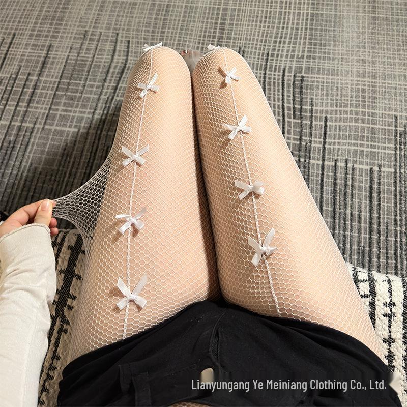 

Black Bow Fishnet Lace Stockings for Nightclub and Disco One size fits 80-140 jin белый