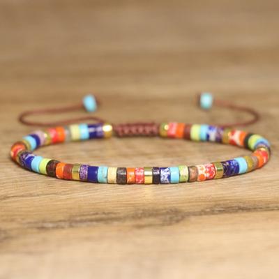 Rainbow Chakra Heishi Bead Bracelet – Gold Accent Adjustable Boho Jewelry, Balance Joy Gift for Men & Women