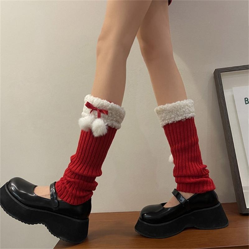 Women Winter Ribbed Knit Leg Warmer Stockings Y2K Harajuku Furry Trim Plush Ball Bow Christmas Leg Cover Long Boot Socks