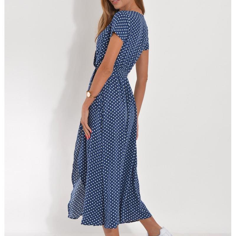 Women Floral Print Long Dresses Summer Sexy V Neck Split Lace-up Dress Female Casual Elegant Short Sleeve Beach Dress Vestidos